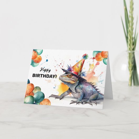 風船とパーティー帽のイグアナ 誕生日おめでとう カード (正面)