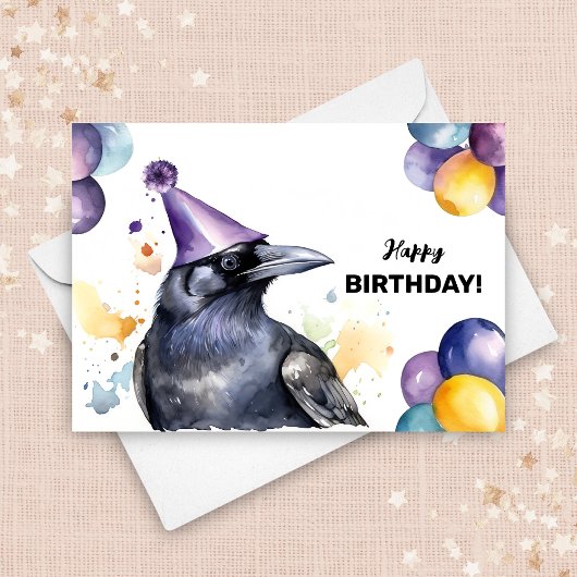 風船とパーティー帽子の誕生日付き黒いカラス カード