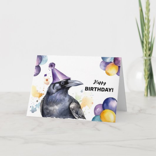 風船とパーティー帽子の誕生日付き黒いカラス カード (正面)