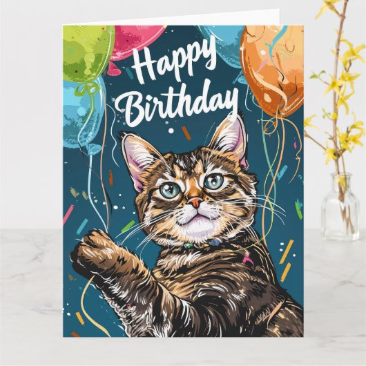 風船とベンガル猫 カード (黄色い花)