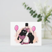 風船とワインでパーティする黒猫のキャラクター シーズンポストカード (スタンド正面)