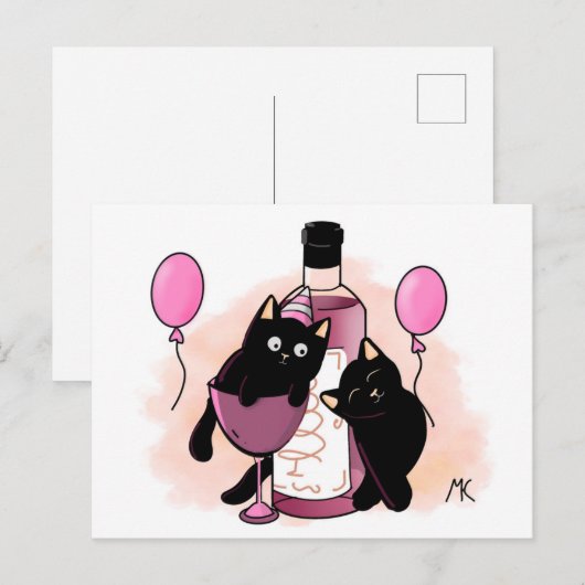 風船とワインでパーティする黒猫のキャラクター シーズンポストカード (正面/裏面)