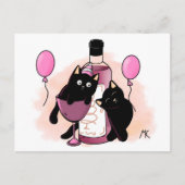 風船とワインでパーティする黒猫のキャラクター シーズンポストカード (正面)