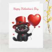 風船と一緒にいる面白い黒猫 バレンタインデー カード (黄色い花)