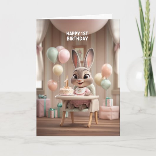 風船と一緒にお誕生日の椅子に座る赤ちゃんウサギ 1歳のお誕生日 カード (正面)