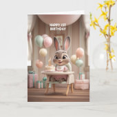 風船と一緒にお誕生日の椅子に座る赤ちゃんウサギ 1歳のお誕生日 カード (黄色い花)