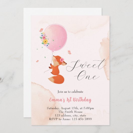 風船と一緒にとぶ赤ちゃんキツネ 招待状 (正面/裏面)