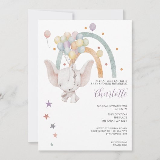 風船と一緒に浮かんでかわいいゾウ赤ちゃんシャワー 招待状 (正面)