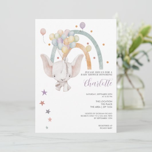 風船と一緒に浮かんでかわいいゾウ赤ちゃんシャワー 招待状 (スタンド正面)