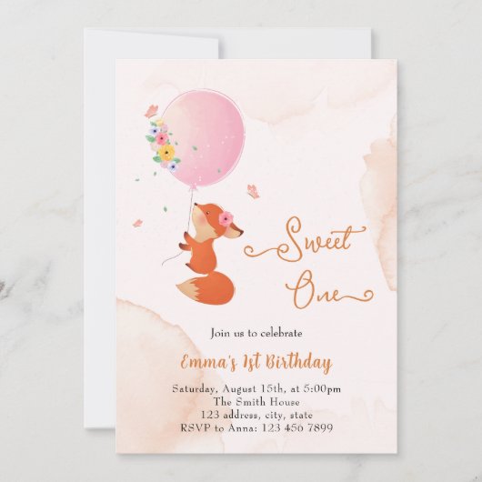 風船と一緒に飛ぶ小さな子狐 招待状 (正面)