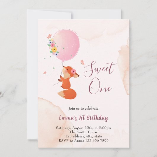 風船と一緒に飛ぶ小さな子狐 招待状 (正面)