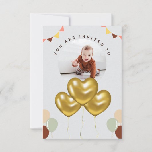 風船と写真を持つ最初の誕生日 招待状 (裏面)