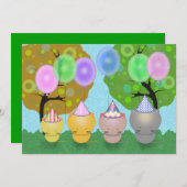 風船と子猫の誕生日パーティー招待状 招待状 (正面/裏面)