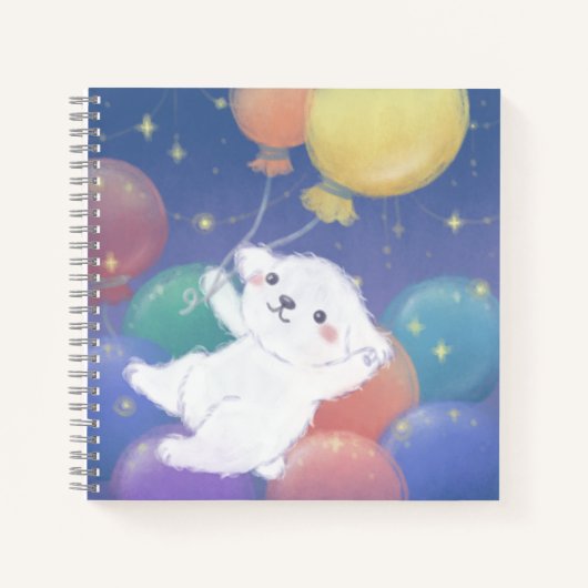 風船と星を持つかわいい子犬 ノートブック (正面)