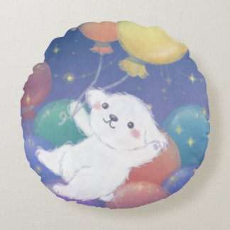 風船と星を持つかわいい子犬 ラウンドクッション