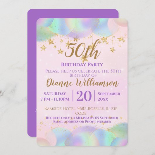 風船と星ピンク50th誕生日パーティー 招待状 (正面/裏面)