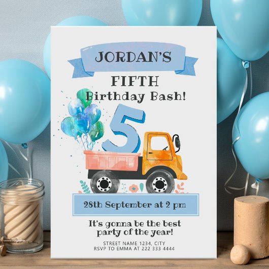 風船と水色トラックの誕生日パーティー 招待状
