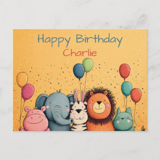 風船と紙吹雪で楽しく踊る動物たちのパーティー　〜かわいい動物園の仲間たち〜 ポストカード (正面)
