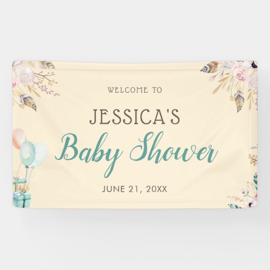 風船と羽毛ボホベイビーシャワー 横断幕 (横)