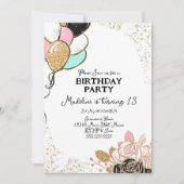 風船と花模様ピンクブラック誕生日パーティー 招待状 (正面)