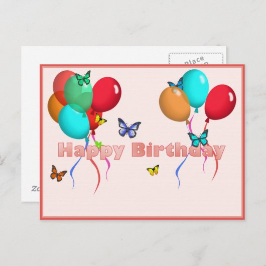 風船と蝶を持つハッピーバースデーカード ポストカード (正面/裏面)
