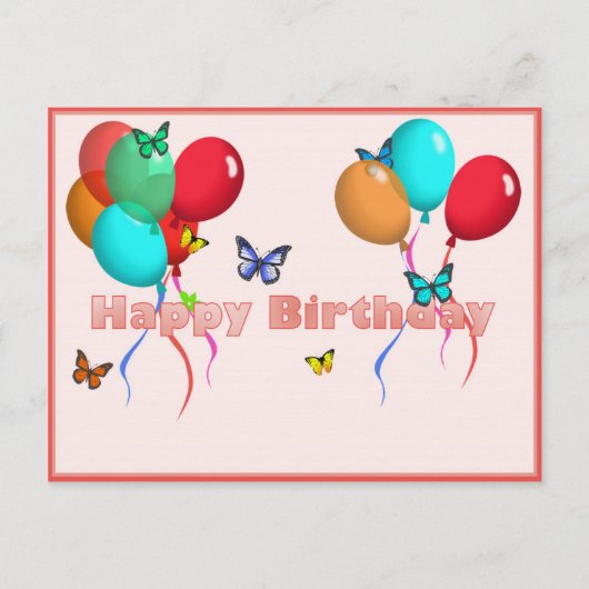 風船と蝶を持つハッピーバースデーカード ポストカード (正面)