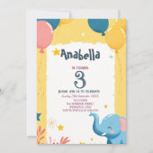 風船と象の黄色の子供の誕生日パーティー 招待状 (正面)