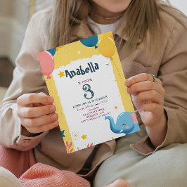 風船と象の黄色の子供の誕生日パーティー 招待状