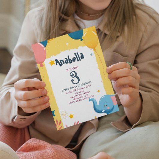 風船と象の黄色の子供の誕生日パーティー 招待状