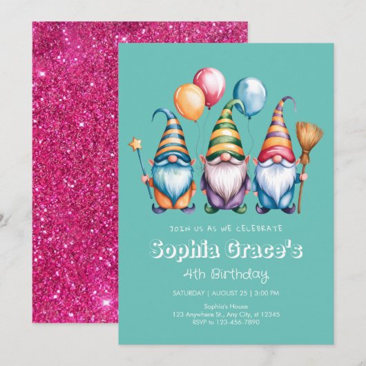 風船と魔法の杖を持った幸せな小人 招待状 (正面/裏面)