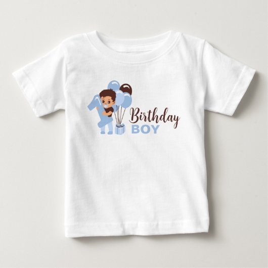 風船と1歳の誕生日男の子シャツ ベビーTシャツ (正面)