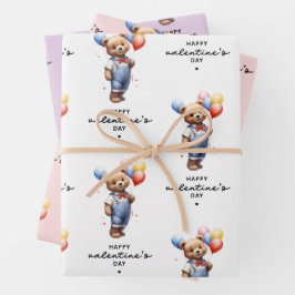 風船に乗ったキュートなバレンタインの水彩熊 ラッピングペーパーシート