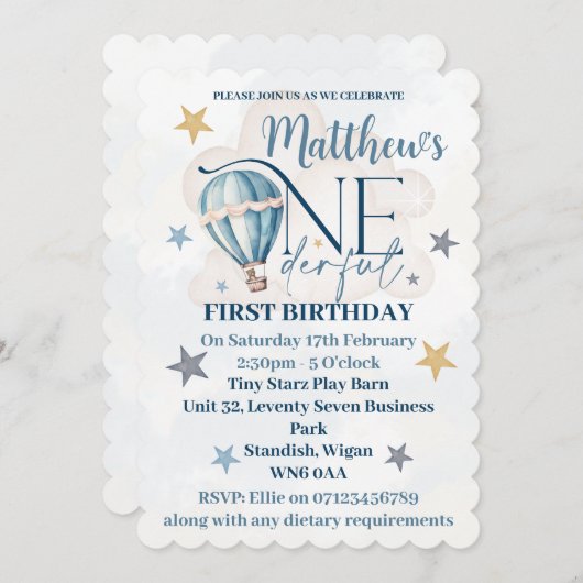 風船に乗ったクマの1歳誕生日パーティー招待状 招待状 (正面/裏面)