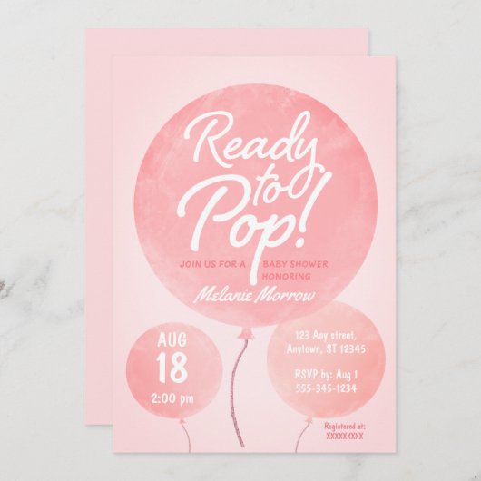 風船に向ポップ・アートのけてピンクの赤ちゃんシャワー 招待状 (正面/裏面)