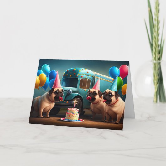 風船に満ちた誕生日がパグを願う サンキューカード (正面)