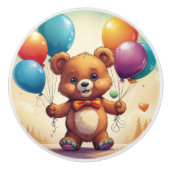 風船に魅せられたかわいい青い目のテディベア セラミックノブ (正面)