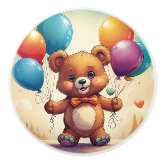 風船に魅せられたかわいい青い目のテディベア セラミックノブ (正面)