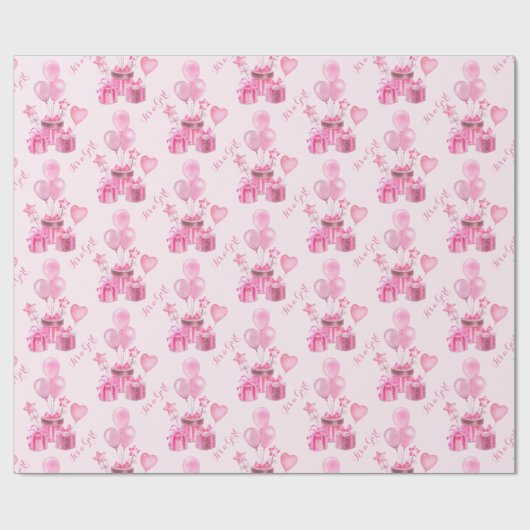 風船のあるピンク色の女の子パーソナライズされた ラッピングペーパー (フラット)