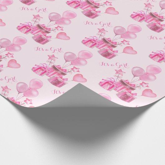 風船のあるピンク色の女の子パーソナライズされた ラッピングペーパー (角)