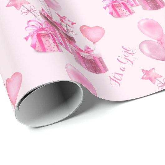 風船のあるピンク色の女の子パーソナライズされた ラッピングペーパー (ロールコーナー)