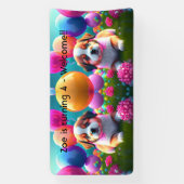 風船のかわいい子犬 – 甘い子供の誕生日 横断幕 (縦)