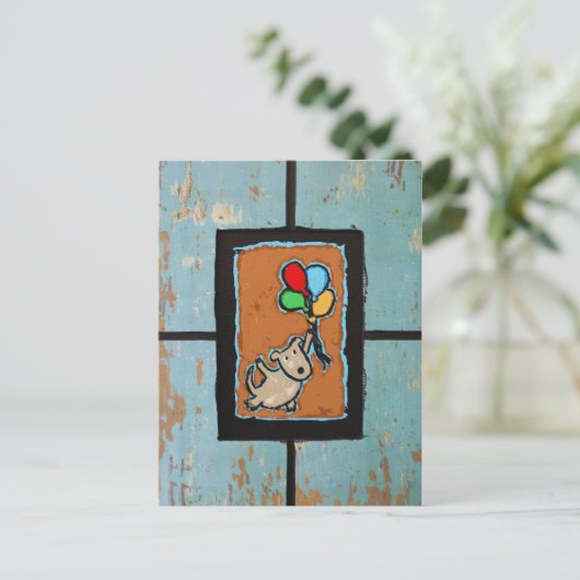 風船のはがきを持つ犬 ポストカード (スタンド正面)
