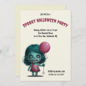 風船のゾンビ女の子。不気味ハローウィンパーティ 招待状 (正面/裏面)