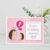 風船のハリネズミ - 1歳の誕生日 - ピンク 招待状 (スタンド正面)