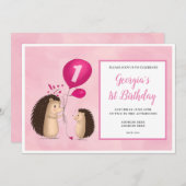 風船のハリネズミ - 1歳の誕生日 - ピンク 招待状 (正面/裏面)