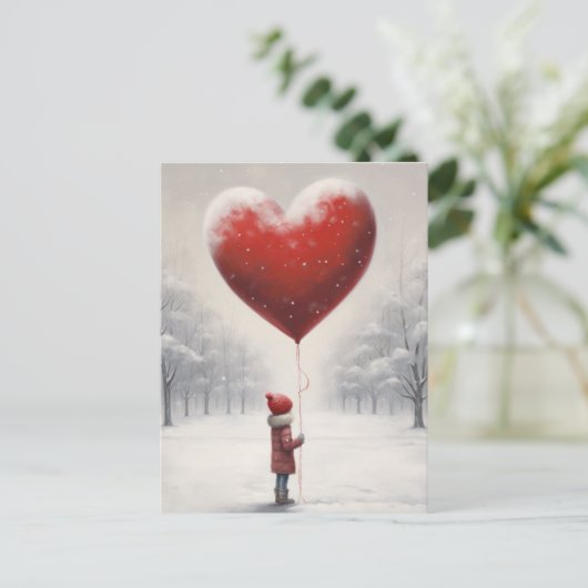 風船のハートを持つ子供、かわいい冬のシーン ポストカード (スタンド正面)