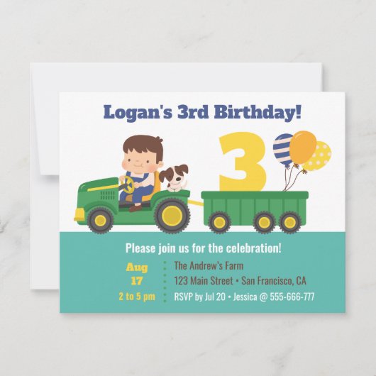 風船の付いたトラクターに乗る少年と犬の誕生日 招待状 (正面)