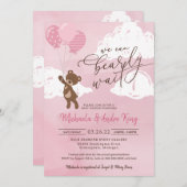 風船の女の子と浮かんでいるテディベアベビー 招待状 (正面/裏面)