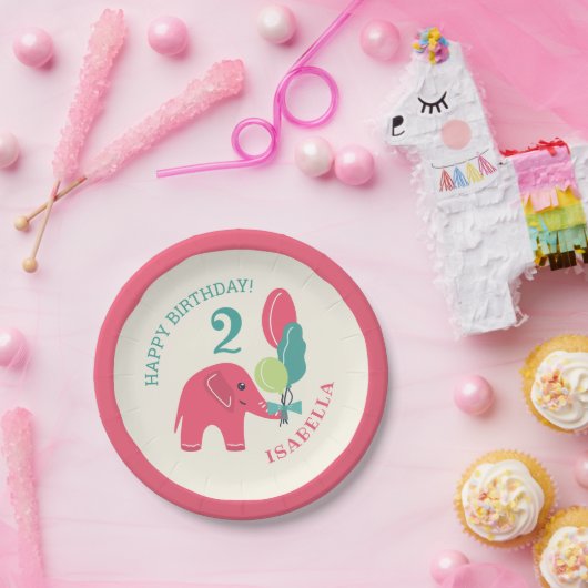 風船の女の子と象の誕生日 ペーパープレート (パーティー)