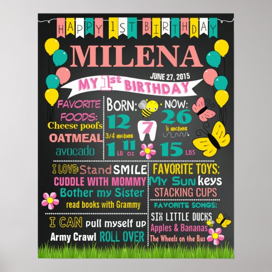 風船の最初の誕生日の黒板のサイン花 ポスター (正面)